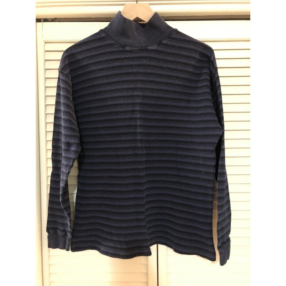 Lands End Womens Long Sleeve Mock Neck Striped Medium 10-12 Blue